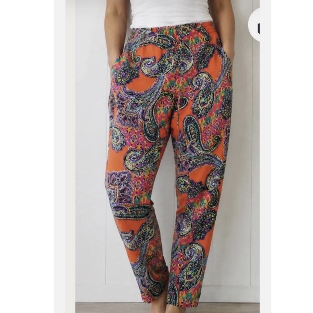 Lauren Ralph Lauren Orange Paisley Print Elastic Waist Tapered Leg Pants 16